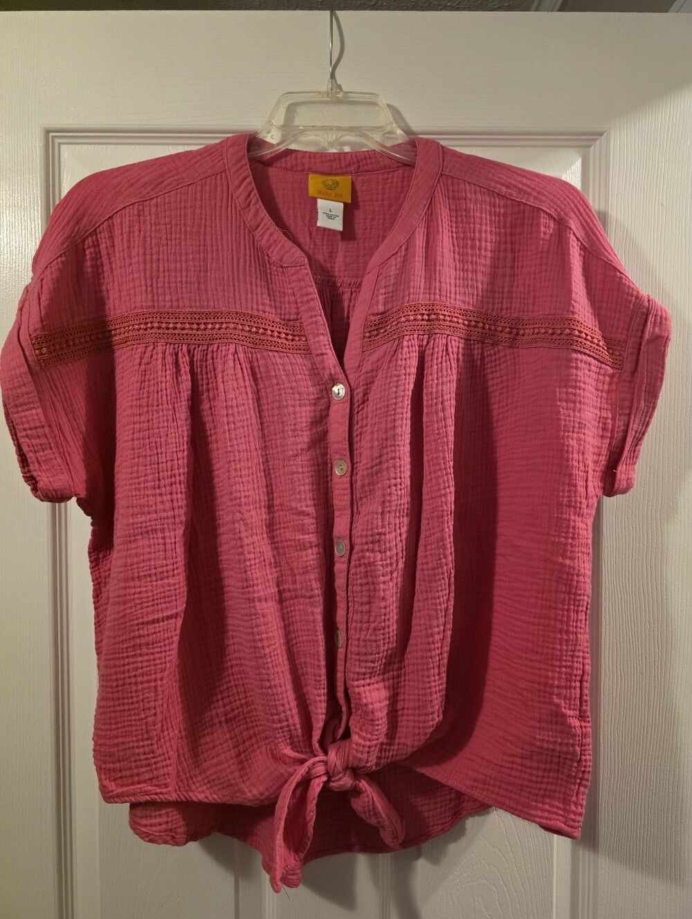 Ruby Rd. - Women’s Pink Button-Front Tie-Hem Top